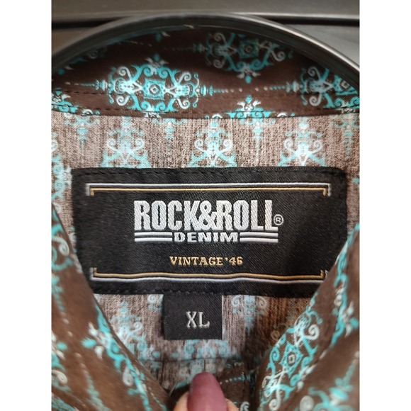 Rock & Roll Denim Boys XL Snap Front Western Shirt Brown Turquoise Pattern - Picture 3 of 9